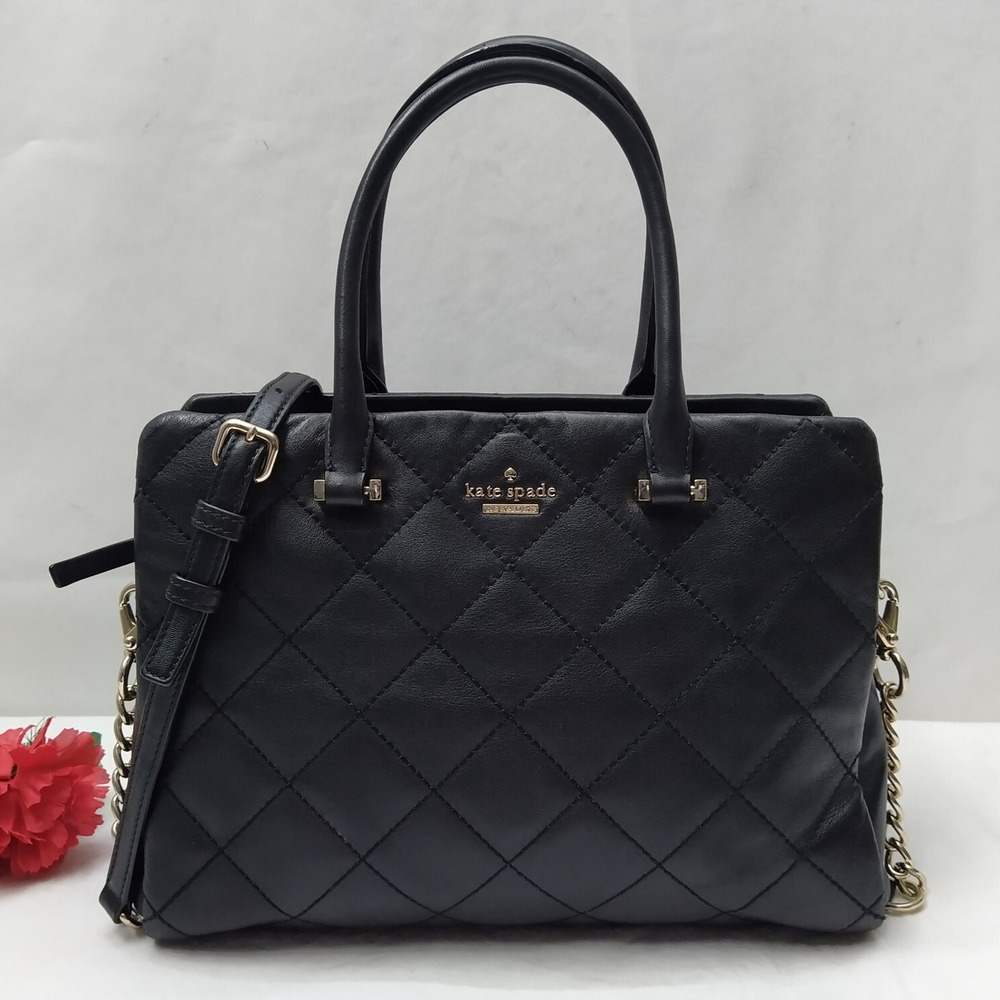 Kate Spade New York Black Leather Quilted Double Handles Zipper Satchel Bag